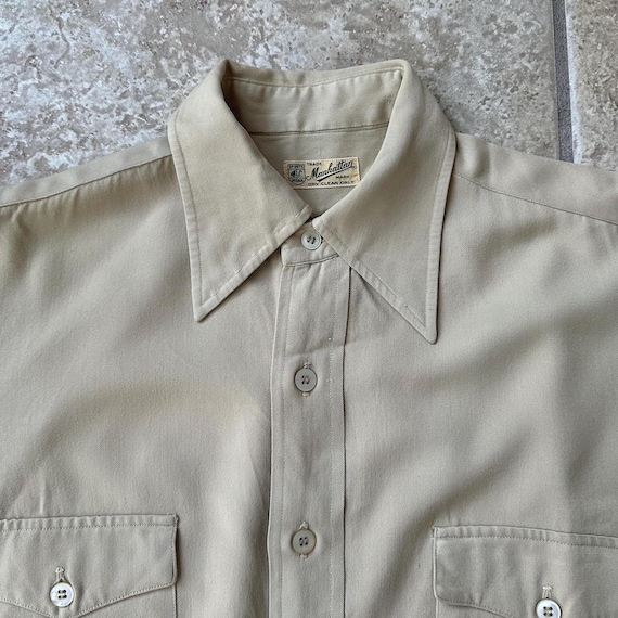 1950s Beige Rayon Gabardine Button-up Shirt | 14 - 32 | MANHATTAN