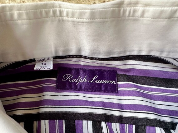 Vintage RALPH LAUREN Purple Label Purple Striped Broadcloth Dress Shirt 16 35 White Contrast Collar Made in Italy