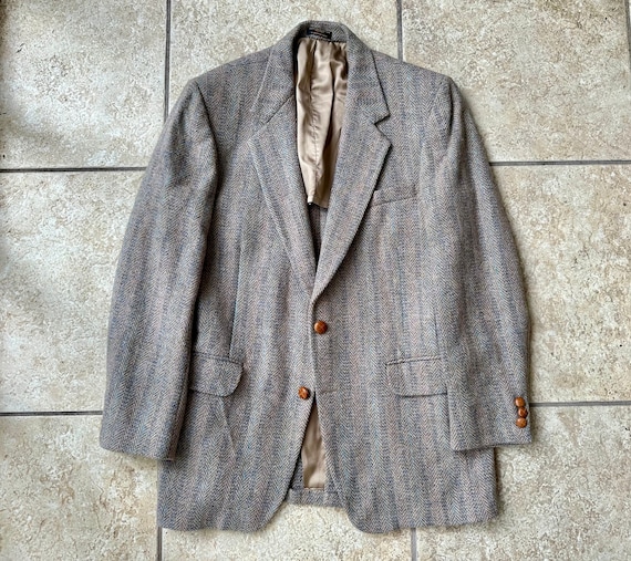 Vintage Gray & Blue Herringbone Striped HARRIS TWEED Sport Coat