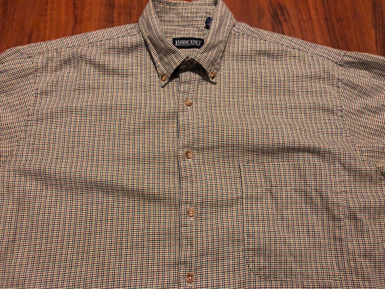 Vintage LANDS END Cotton Wool Flannel Button Down Houndstooth Plaid Shirt Large 16 16.5 Large Ivy League Trad