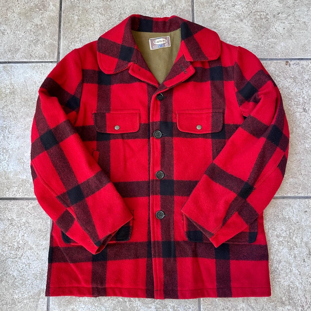 1950s CARTER'S Red Plaid Wool Mackinaw Jacket | Large | Talon