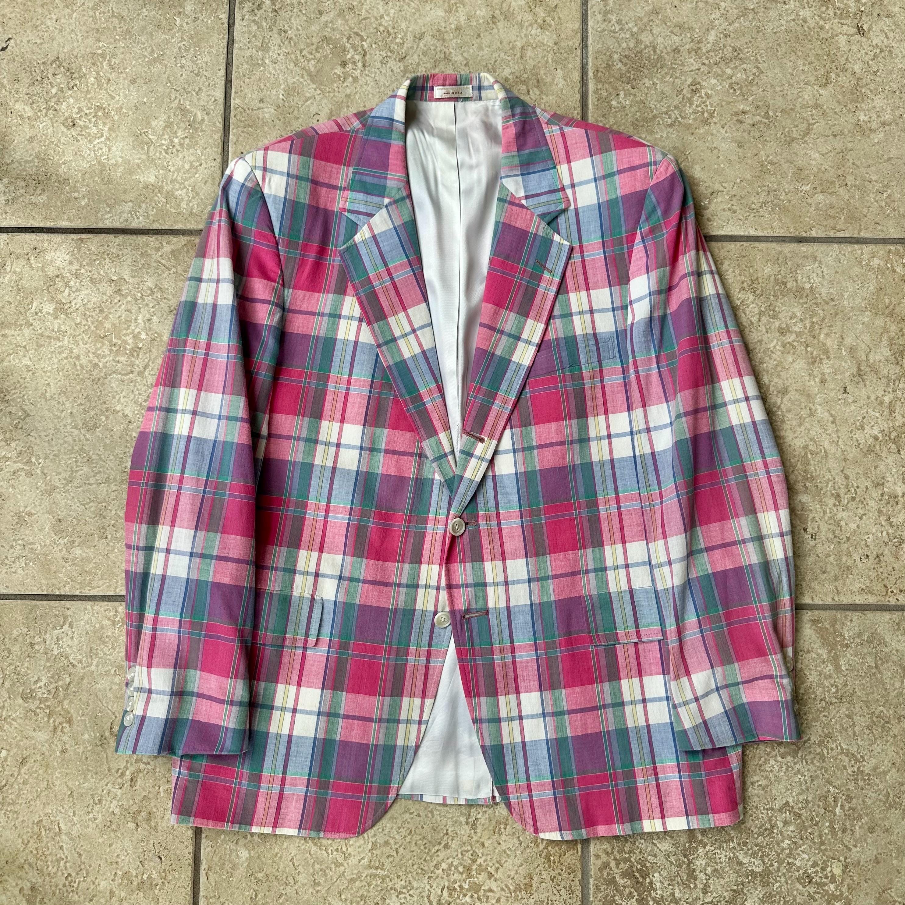 Vintage Pink & Blue Plaid Madras Cotton Sack Sport Coat | 44 Long 