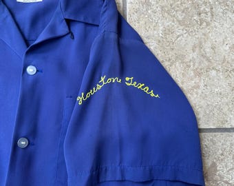 50s rayon gabardine shirts blue 襤褸 1950s Blue Rayon Gabardine Chain Stitch 