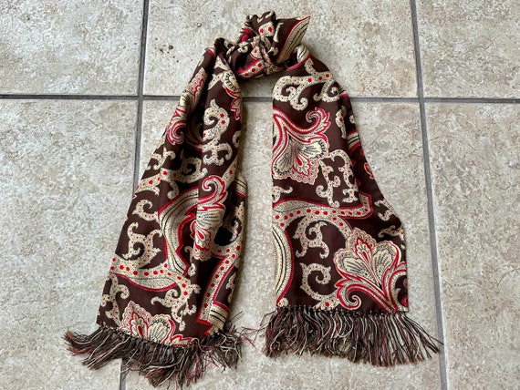 1950s Brown & Red Paisley Print Silk Scarf w/ Tas… - image 3