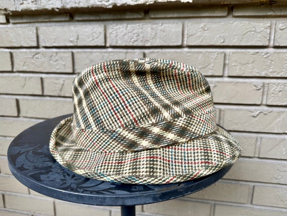 1960s Pale Gold & Green Plaid Tweed Wool Trilby H… - image 3