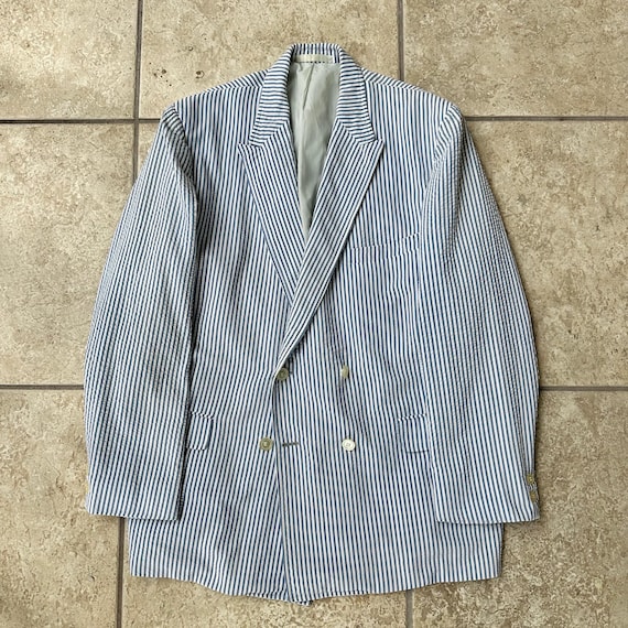 1960s HASPEL Blue Striped Seersucker Double Breasted Sport Coat | 39 40 Regular | Wash Wear