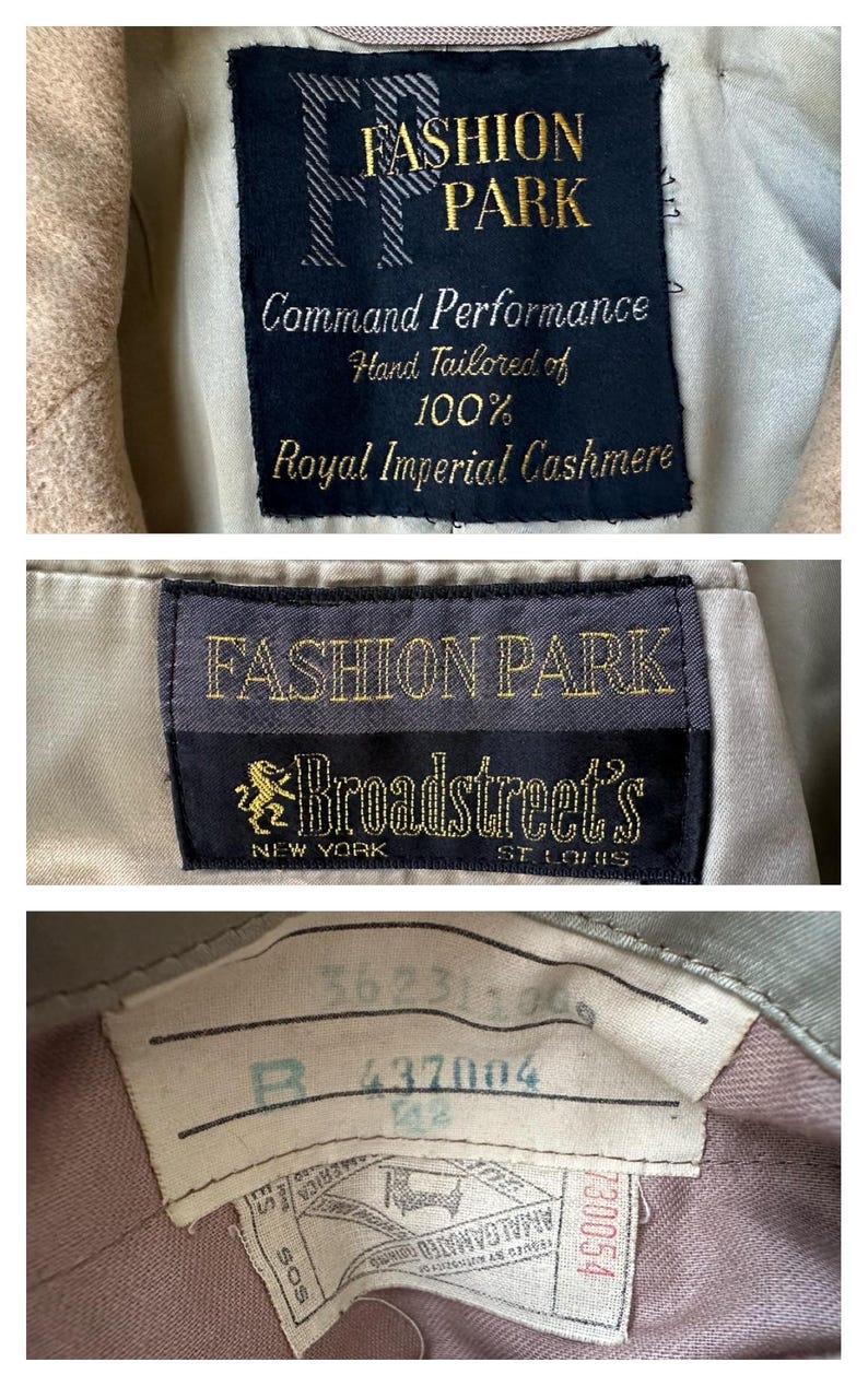 May include: Close-up of vintage garment labels. The labels read "FASHION PARK" and "Broadstreet's" with text indicating the garment is hand-tailored of 100% Royal Imperial Cashmere. Additional label with numbers and text.