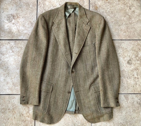 1960s 70s BROOKS BROTHERS Olive Green & Beige Herring… - Gem