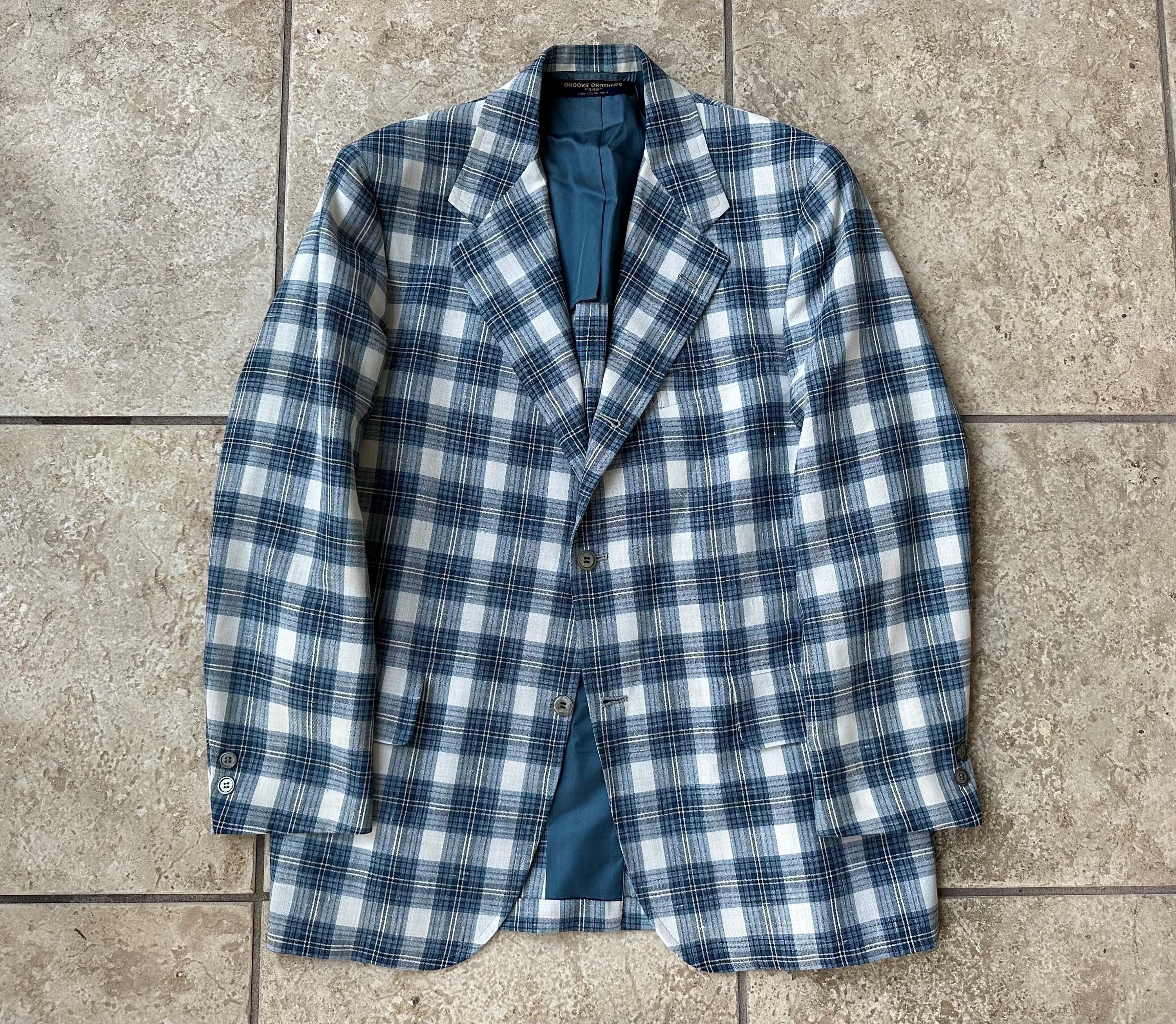 1970s BROOKS BROTHERS Blue Plaid Wool Linen Sack Sport Coat 39
