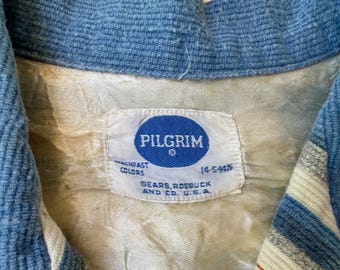 1950s SEARS PILGRIM Blue Striped Corduroy Pullover Shirt | Small