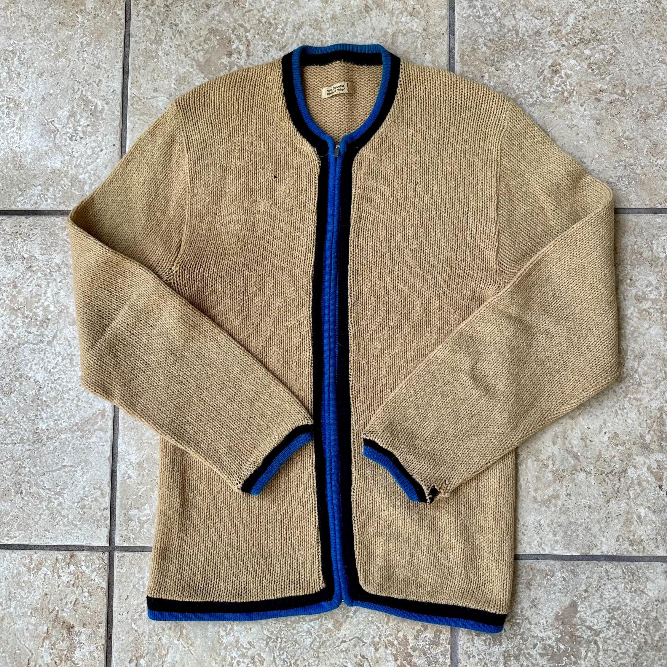 1960s Beige Shetland Wool Zip-Up Cardigan Small / Medium Ivy League Trad