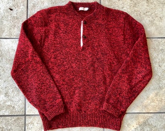 Vintage Shetland Wool Blend Marled Red Crewneck Henley Sweater | Medium / Large | Made in USA Ivy League Trad