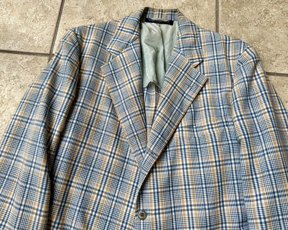 1970s BROOKS BROTHERS Blue Plaid Wool Linen Sack Sport Coat 40