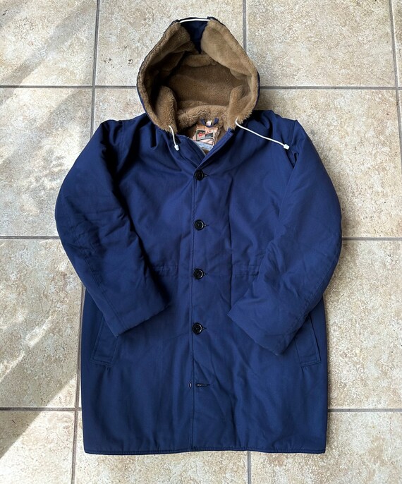 1970s WINDAK Dark Blue Poplin Hooded Parka Coat | Medium | Pile