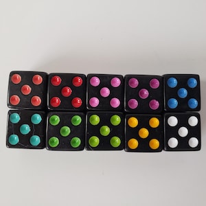 Lot of Black Dice, Rainbow Dice, 16mm Solid Dice, Black with Colored Dots, Pips, Extra Board Game Pieces, Crafts Fun Gift Unique Present