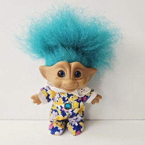 Vintage Ace Novelty Treasure Troll Doll, Teal Blue Hair, Aqua Blue Circle Jewel, Blue Eyes, 5" Trolls