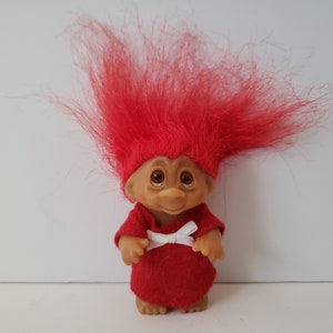 Vintage Dam Troll Doll, Red Hair, Felt Clothes, 3&quot; Trolls