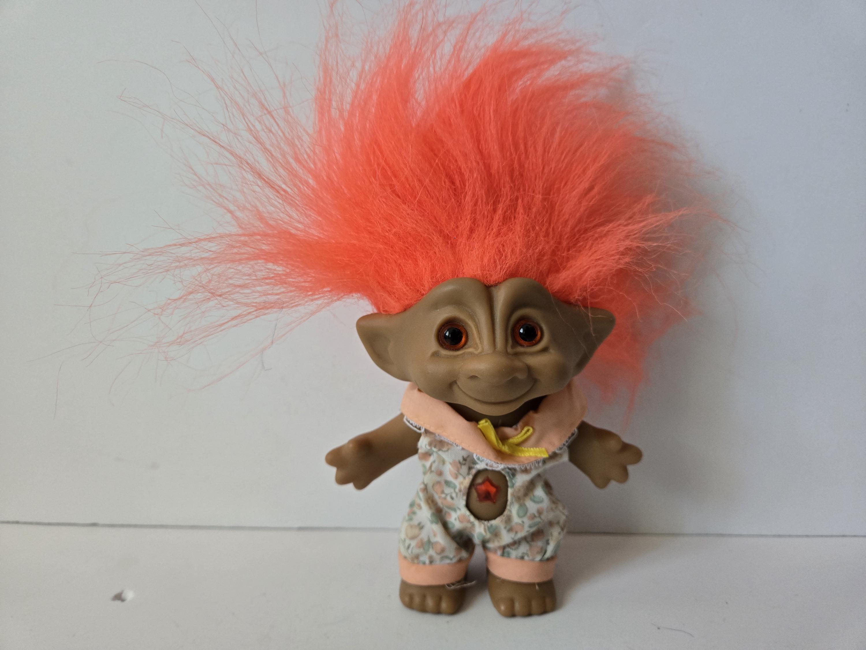 Vintage Ace Novelty Treasure Troll Doll, Orange Hair, Orange Star Jewel, Orange Eyes, 5" Trolls