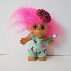 Vintage Russ Troll Doll Artist, Painter, Pink Hair Trolls 5"