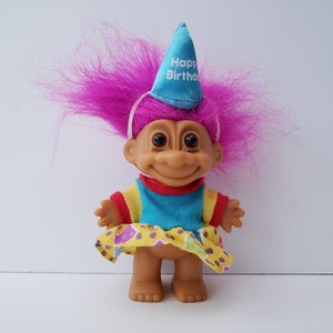 Vintage Russ Happy Birthday Troll Doll, Purple Hair, 5" Trolls