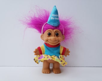 Vintage Russ Happy Birthday Troll Doll, Purple Hair, 5" Trolls