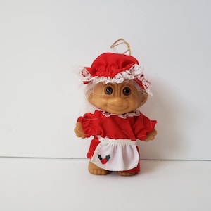Vintage Russ Troll Doll Christmas Ornament, Mrs Santa Claus, White Hair, 3&quot; Trolls