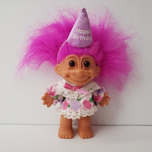 Vintage Russ Happy Birthday Troll Doll, Purple Hair, 5" Trolls