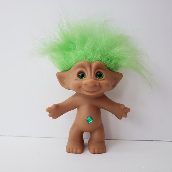 Vintage Ace Novelty Treasure Troll Doll, Green Hair, Green Diamond Jewel, Green Eyes Wishstone, 5" Trolls