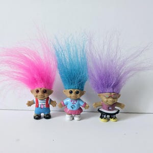 Lot of Troll Dolls, Vintage Ace Novelty Treasure Troll Dolls, Pink, Blue, Purple Hair, Jewel Belly, Wishstone Trolls 1"