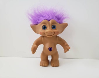 Vintage Ace Novelty Treasure Troll Doll, Purple Hair, Purple Heart Jewel, Blue Eyes Wishstone Trolls, Large 8"