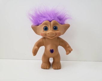 Vintage Ace Novelty Treasure Troll Doll: Purple Hair, Heart Jewel, 9"