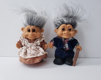 Vintage Russ Troll Dolls, Gray Hair, Grandma and Grandpa Trolls 5" Old Trolls, Grandma Present, Grandpa Gift
