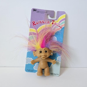 Vintage Bright of America Treasure Troll Doll Rainbow Hair Heart Jewel Earring Wishstone 3&quot; Trolls NOS on Card