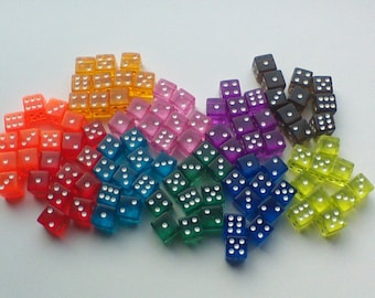 Set of 10 Colored Dice, Transparent Dice, Standard 16mm, Extra Board Game Pieces, Crafts, Pink, Blue, Green, Orange, Purple, Red, Teal, Aqua