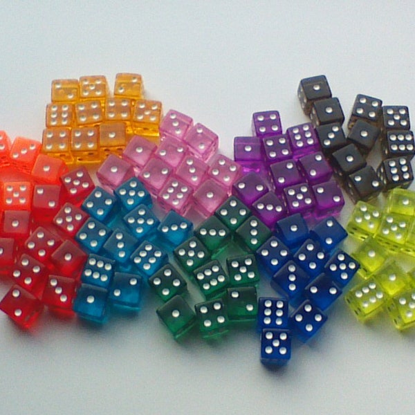 Set of 10 Colored Dice, Transparent Dice, Standard 16mm, Extra Board Game Pieces, Crafts, Pink, Blue, Green, Orange, Purple, Red, Teal, Aqua