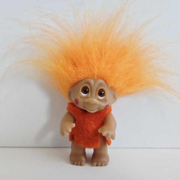 Vintage Dam Troll Doll, Orange Hair, 2.5" Trolls, Original Felt Clothes