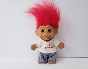Vintage Russ Troll Doll, I Love Trolls, #1 Troll Collector, Red Hair Trolls 5"