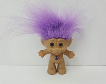 Vintage Ace Novelty Treasure Troll Doll, Purple Hair, Purple Heart Jewel, Blue Eyes, 3" Trolls
