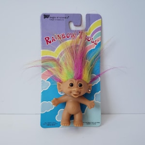 Vintage Bright of America Treasure Troll Doll Rainbow Hair Heart Jewel Earring Wishstone 3&quot; Trolls NOS on Card