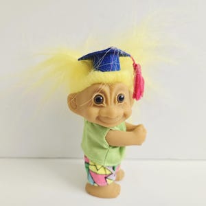 Vintage Russ Troll Doll, Graduate, Yellow Hair Trolls 3" Graduation Gift, Grad Present, #1 Grad image 1