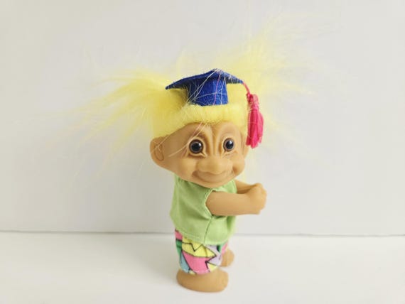 Vintage Russ Troll Doll, Graduate, Yellow Hair Trolls 3" Graduation Gift, Grad Present, #1 Grad