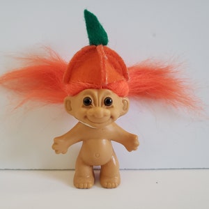Vintage Russ Troll Doll Halloween Pumpkin, Orange Jack o Lantern, Orange Hair Trolls 3&quot;