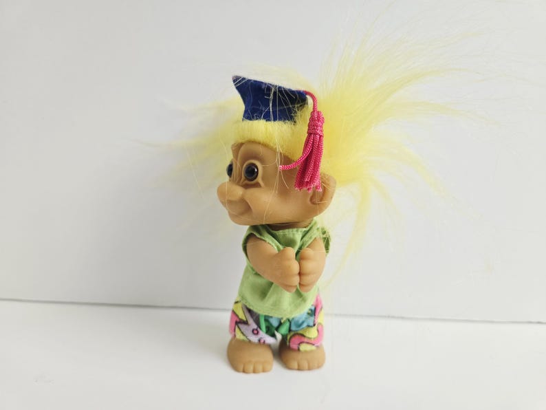 Vintage Russ Troll Doll, Graduate, Yellow Hair Trolls 3" Graduation Gift, Grad Present, #1 Grad image 2