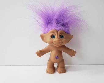 Vintage Ace Novelty Treasure Troll Doll, Purple Hair, Purple Diamond Jewel, Purple Eyes, 5" Trolls