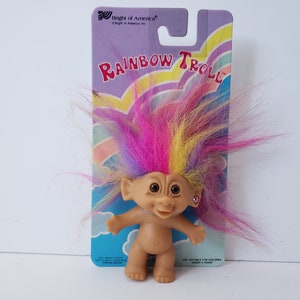 Vintage Bright of America Treasure Troll Doll Rainbow Hair Heart Jewel Earring Wishstone 3&quot; Trolls, NOS on Card