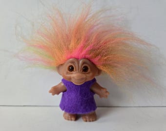 Vintage Dam Troll Doll, 3" Trolls, Good Luck Troll Doll, Rainbow Hair, Original Felt Clothes