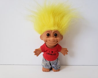 Vintage Russ Troll Doll, I Love Trolls, #1 Troll Collector, Yellow Hair Trolls 5"