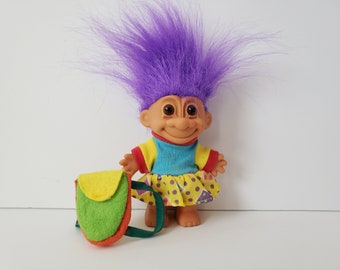 Vintage Russ Troll Doll First Day of School Girl Purple Hair Trolls 5"