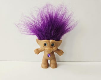 Vintage Ace Novelty Treasure Troll Doll, Purple Hair, Purple  Oval Jewel, Blue Eyes, 3&quot; Trolls