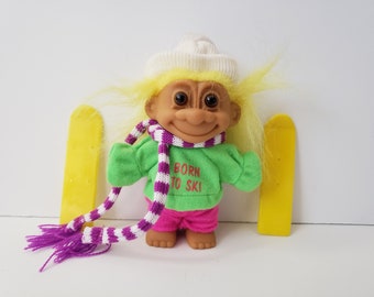 Vintage Russ Troll Doll Born To Ski, Yellow Hair, 5" Trolls, Skier Gift Present